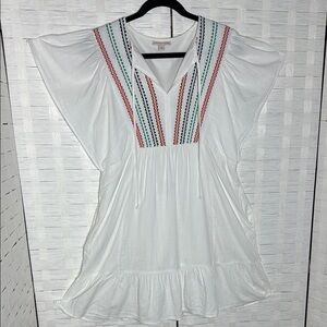 Knox Rose White Dress Multi Colored Embroidered Detail Flutter Sleeve Size M